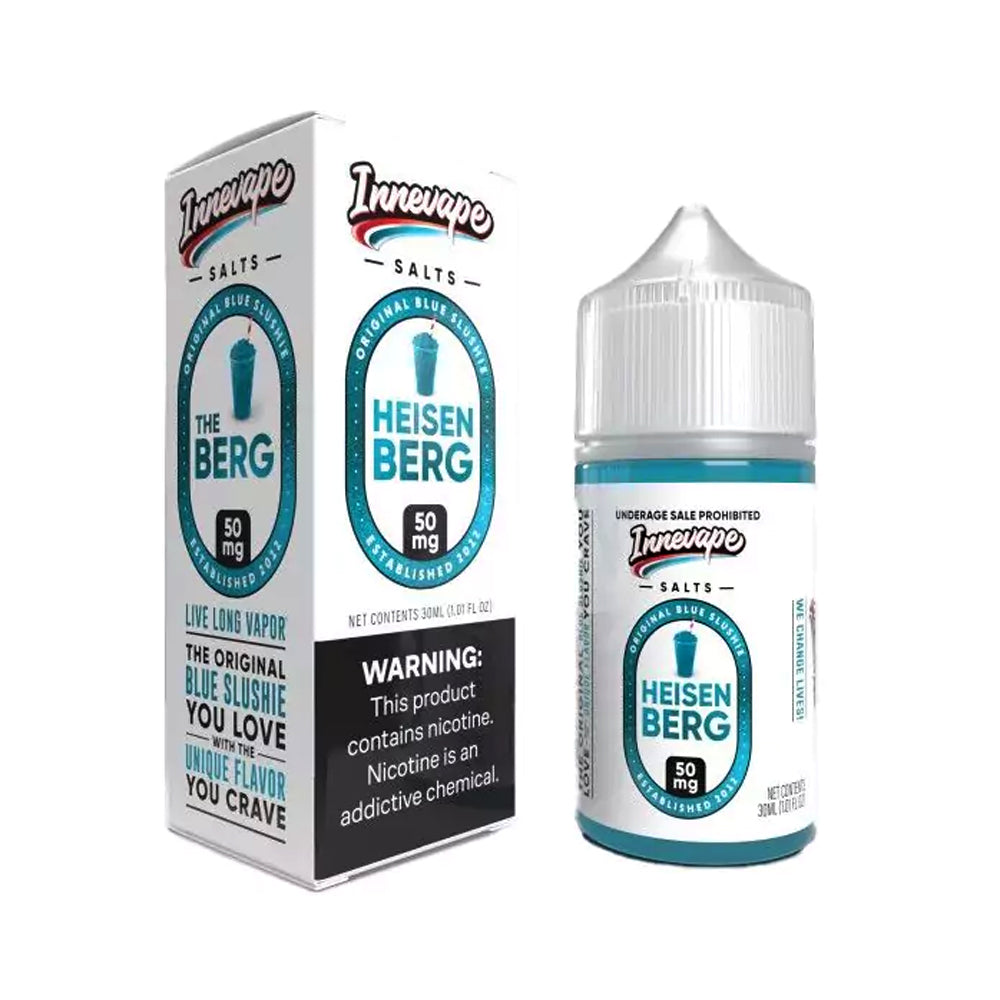 Innevape Salts Heisenberg 30mL E-Liquid featuring the original blue slushie flavor with sweet blue raspberry in a 60% PG / 40% VG blend.