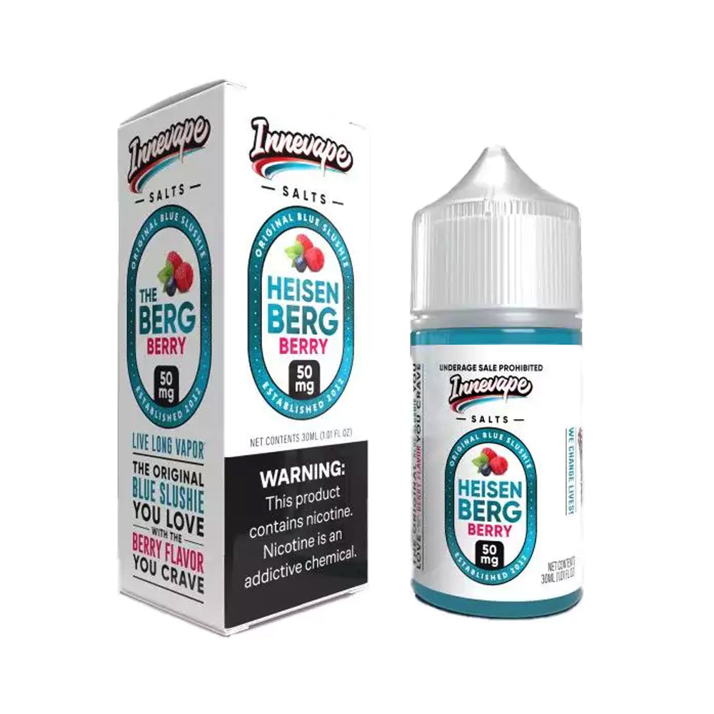 Innevape Salts Heisenberg Berry 30mL E-Liquid featuring blue slushie flavor with a berry twist in a 60% PG / 40% VG blend, designed for pod systems.