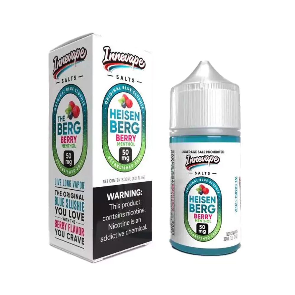 Innevape Salts Heisenberg Berry Menthol 30mL E-Liquid featuring blue slushie flavor with sweet berry notes and a cooling menthol finish, designed for pod systems.