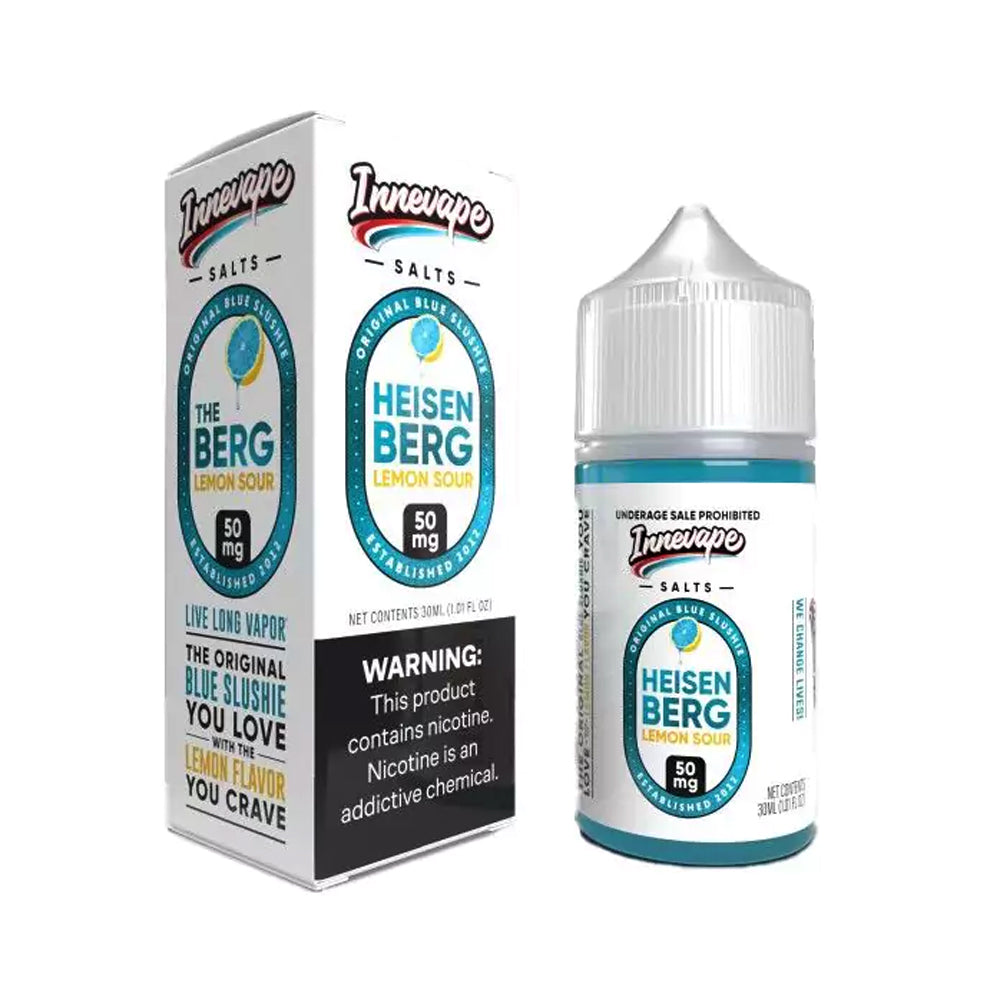 Innevape Salts Heisenberg Lemon Sour 30mL E-Liquid featuring blue slushie with a tangy lemon twist, designed for pod systems and MTL vaping.