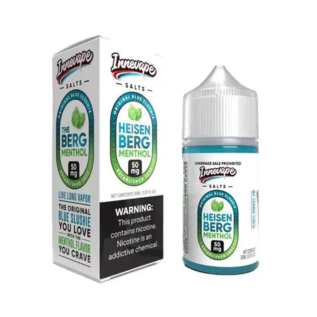 Innevape Salts Heisenberg Menthol 30mL E-Liquid featuring blue slushie flavor with a cooling menthol kick, designed for pod systems and low wattage devices.