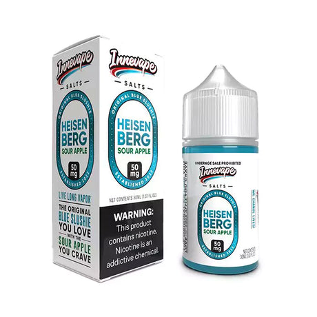 Innevape Salts Heisenberg Sour Apple 30mL E-Liquid featuring blue slushie flavor with tart sour apple, crafted for pod systems and MTL vaping.