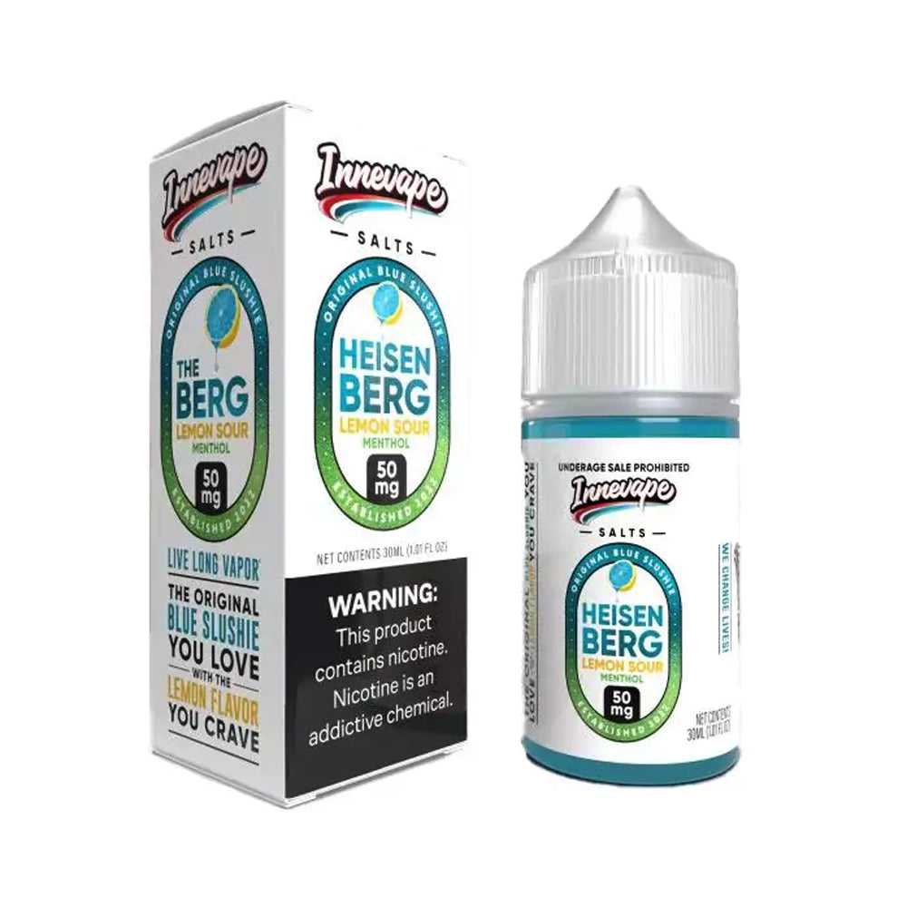 Innevape Salts Lemon Sour Menthol 30mL E-Liquid featuring blue slushie flavor with tangy lemon sour notes and a cool menthol finish, crafted for pod systems.