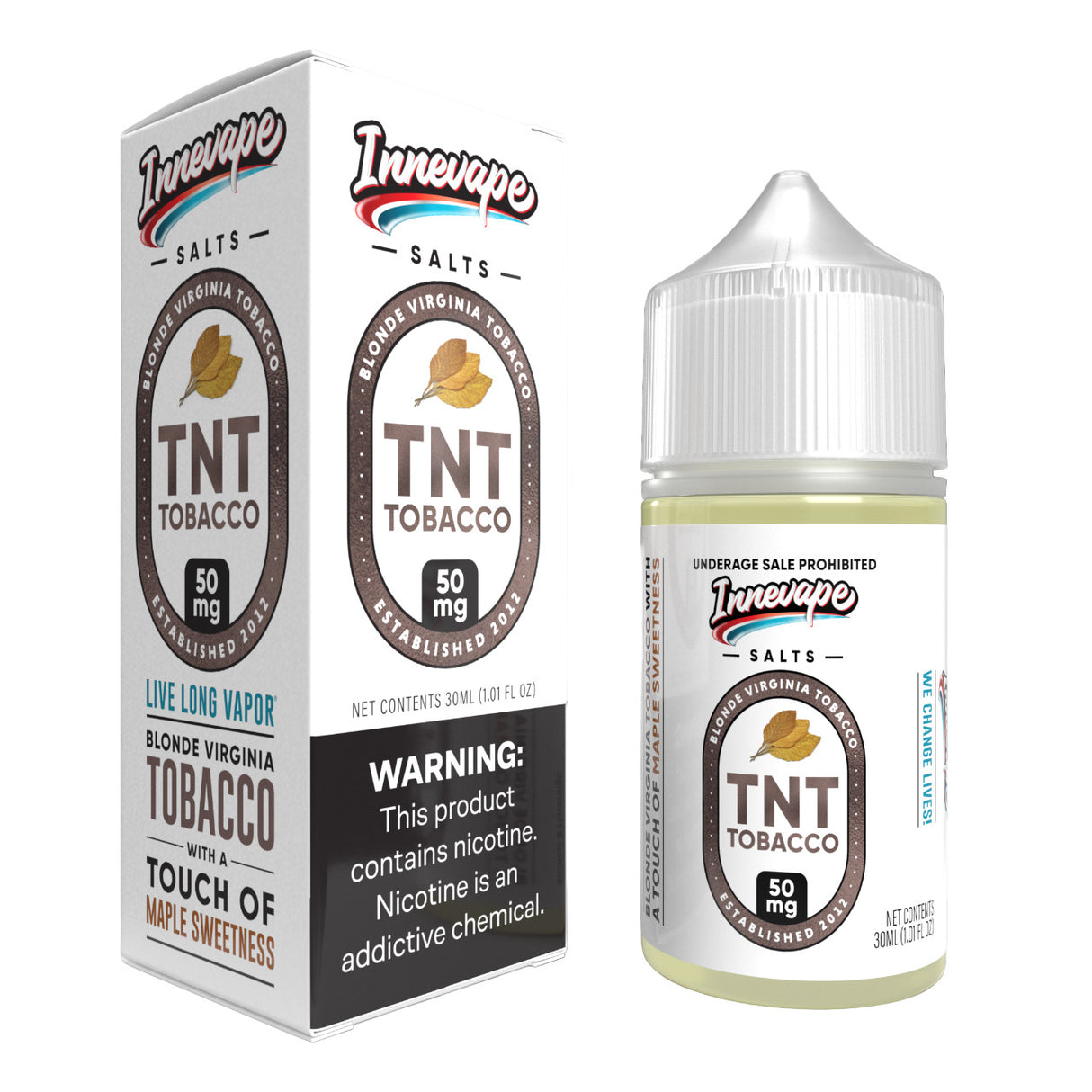 30mL bottle of Innevape E-Liquids TNT Tobacco SALTS, a premium nicotine salt blend featuring Virginia-cured tobacco flavor with a hint of maple sweetness, available in 24mg and 50mg strengths