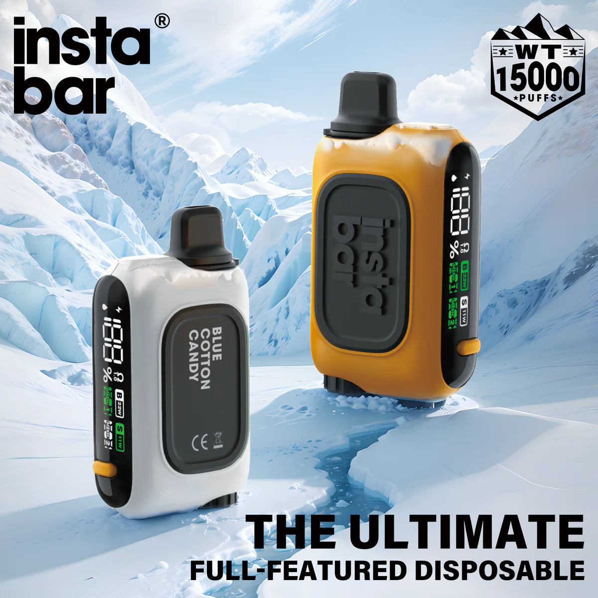 Instabar WT15000 Disposable Device – 15mL capacity, 15,000 puffs, dual mesh coils, Pulse/Regular modes, and USB Type-C charging.