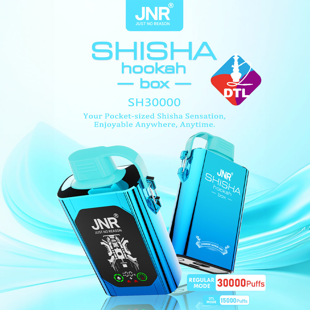JNR Shisha Hookah Box 30000 – 30,000 puff disposable hookah with dual mesh coils, boost mode, and a 20mL e-liquid reservoir.