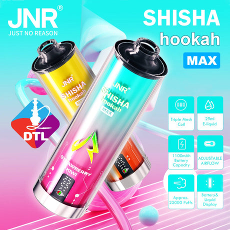 JNR Shisha Hookah Max 22000 – 22,000 puff disposable hookah with triple coil system, Type-C charging, and real-time battery display.