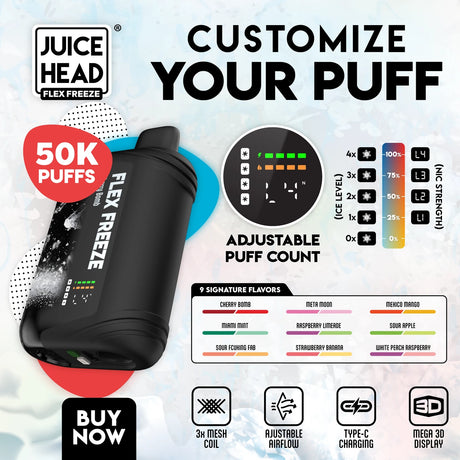 JUICE HEAD Flex Freeze 50K Disposable Device with Mega 3D display, triple mesh coils, and adjustable ice control