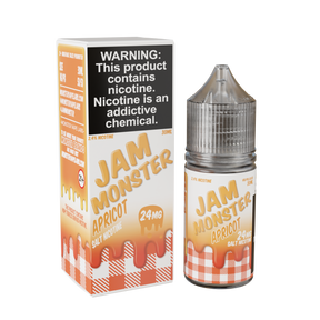 Jam Monster Salt – Apricot – 30mL nicotine salt e-liquid featuring sweet and tart apricot jam, buttery toast, and smooth flavor.