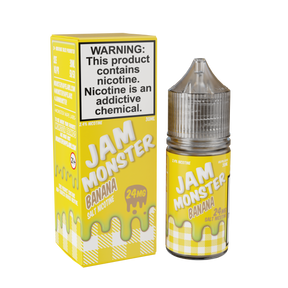 Jam Monster Salt – Banana – 30mL nicotine salt e-liquid featuring sweet banana jam, buttery toast, and a smooth, rich finish.