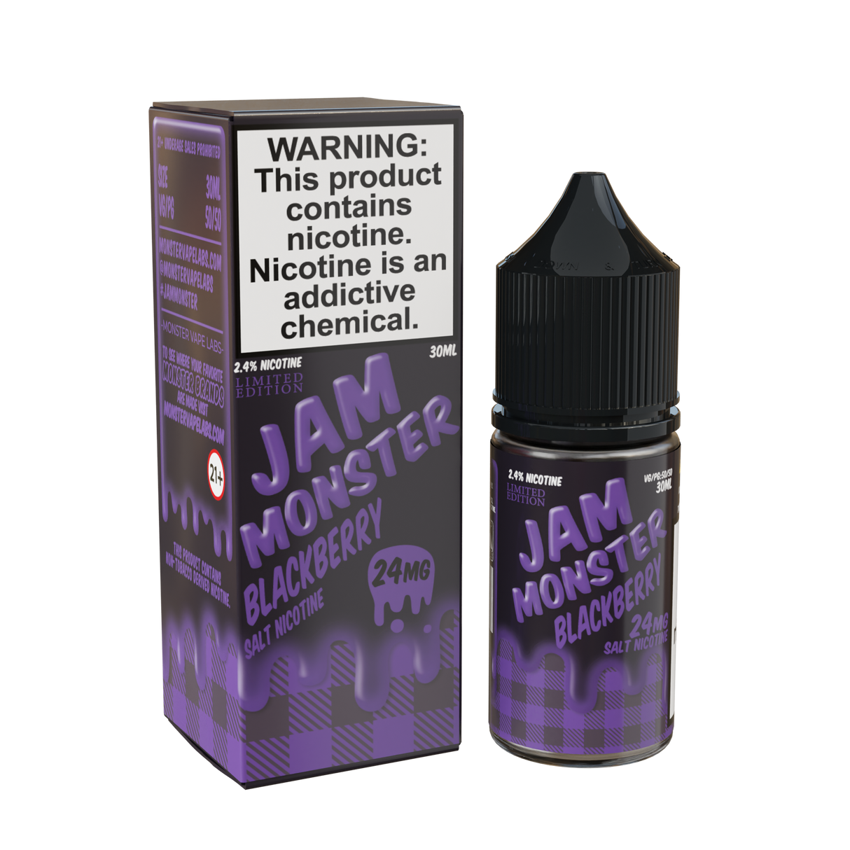 Jam Monster Salt – Blackberry – 30mL nicotine salt e-liquid featuring sweet and tart blackberry jam, buttery toast, and a smooth finish.