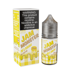 Jam Monster Salt – PB & Banana – 30mL nicotine salt e-liquid featuring creamy peanut butter and sweet banana jam for a smooth, rich vape.