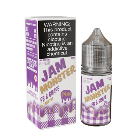 30mL Jam Monster Salt PB & Grape limited edition nicotine salt e-liquid bottle.