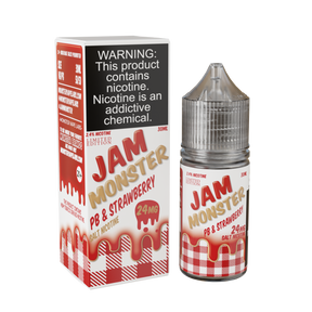 Jam Monster Salt – PB & Strawberry – 30mL nicotine salt e-liquid featuring creamy peanut butter and sweet strawberry jam for a rich, smooth, and satisfying experience.