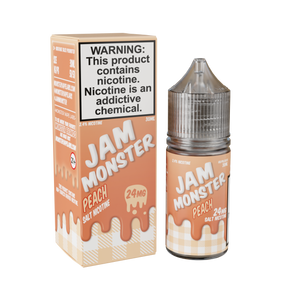 Jam Monster Salt – Peach – 30mL nicotine salt e-liquid featuring sweet peach jam, buttery toast, and a smooth, rich finish.
