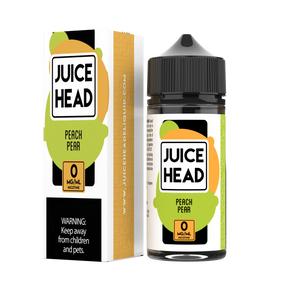 Juice Head Peach Pear 100mL e-liquid bottle showcasing a sweet and juicy blend of ripe peaches and crisp pears.

