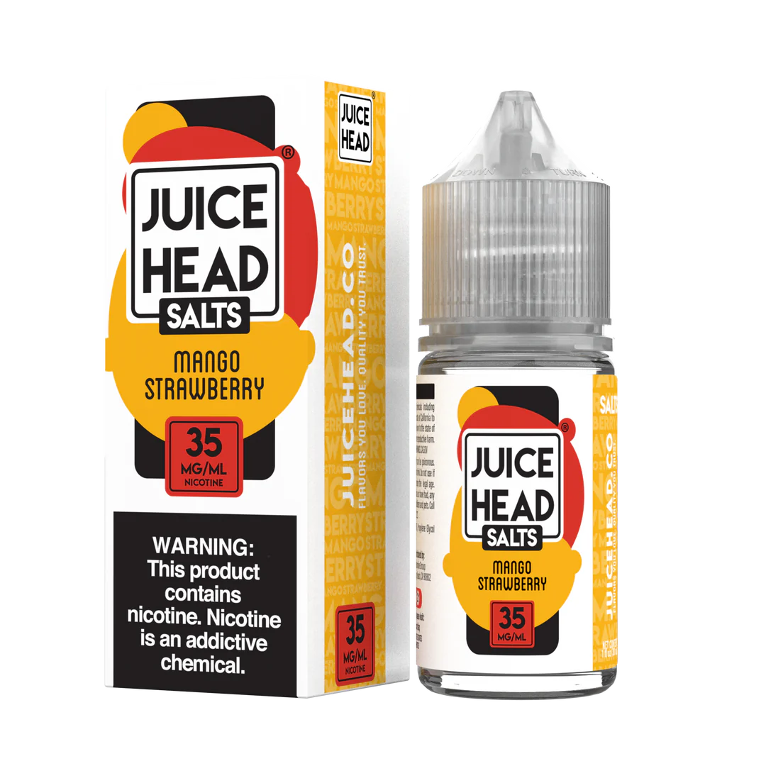 Juice Head Salt Mango Strawberry E-Liquid featuring ripe mango and juicy strawberry in a 30mL unicorn bottle.