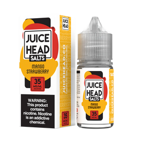Juice Head Salt Mango Strawberry E-Liquid featuring ripe mango and juicy strawberry in a 30mL unicorn bottle.