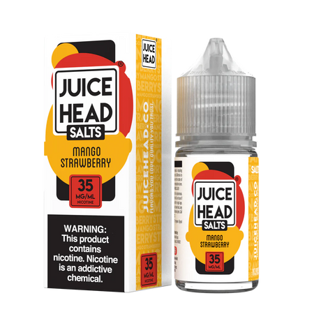 Juice Head Salt Mango Strawberry E-Liquid featuring ripe mango and juicy strawberry in a 30mL unicorn bottle.