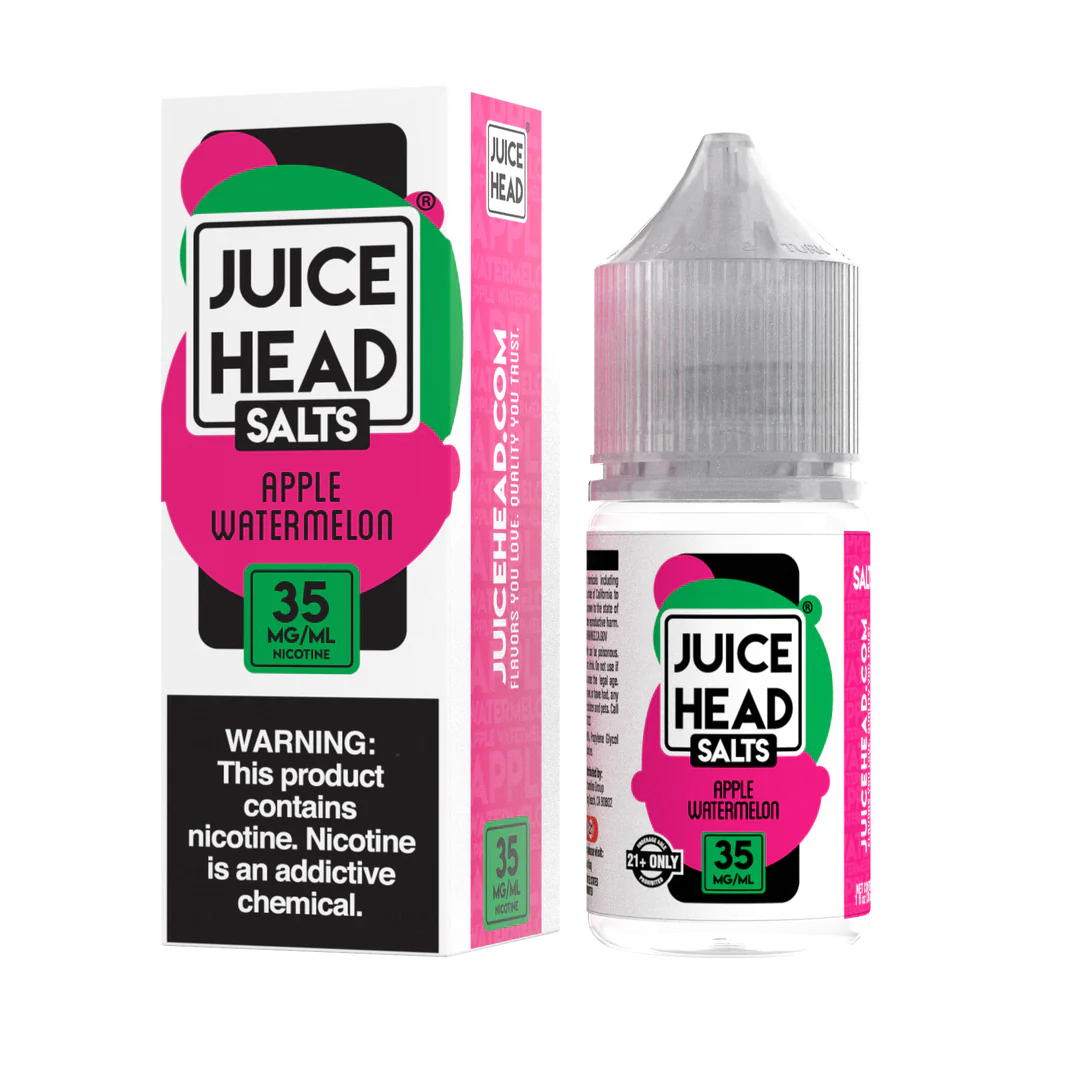 Juice Head Salts Apple Watermelon E-Liquid featuring crisp apple and juicy watermelon in a 30mL unicorn bottle.