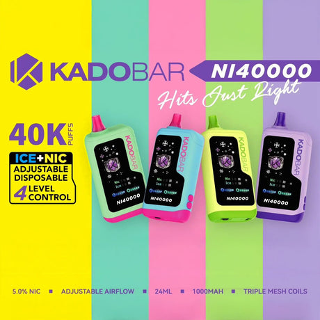 KADOBAR NI40000 Nic+Ice Control Disposable Vape with 40,000 puffs, adjustable nicotine & ice levels, triple mesh coils, and a 1000mAh rechargeable battery for extended vaping. Shop now at VapoRider!