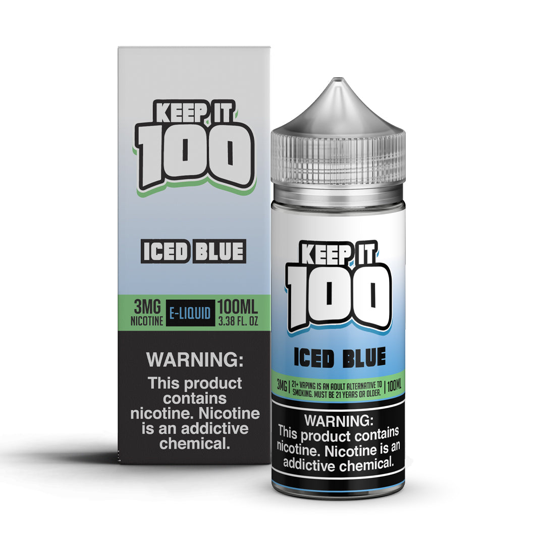 KEEP IT 100 ICED BLUE 100ML E-Liquid bottle featuring blue raspberry slushie flavor with icy menthol finish and freebase nicotine formula.