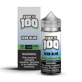 KEEP IT 100 ICED BLUE 100ML E-Liquid bottle featuring blue raspberry slushie flavor with icy menthol finish and freebase nicotine formula.