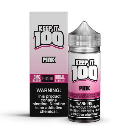 KEEP IT 100 Pink 100ML e-liquid with strawberry and chewy taffy candy flavor profile.