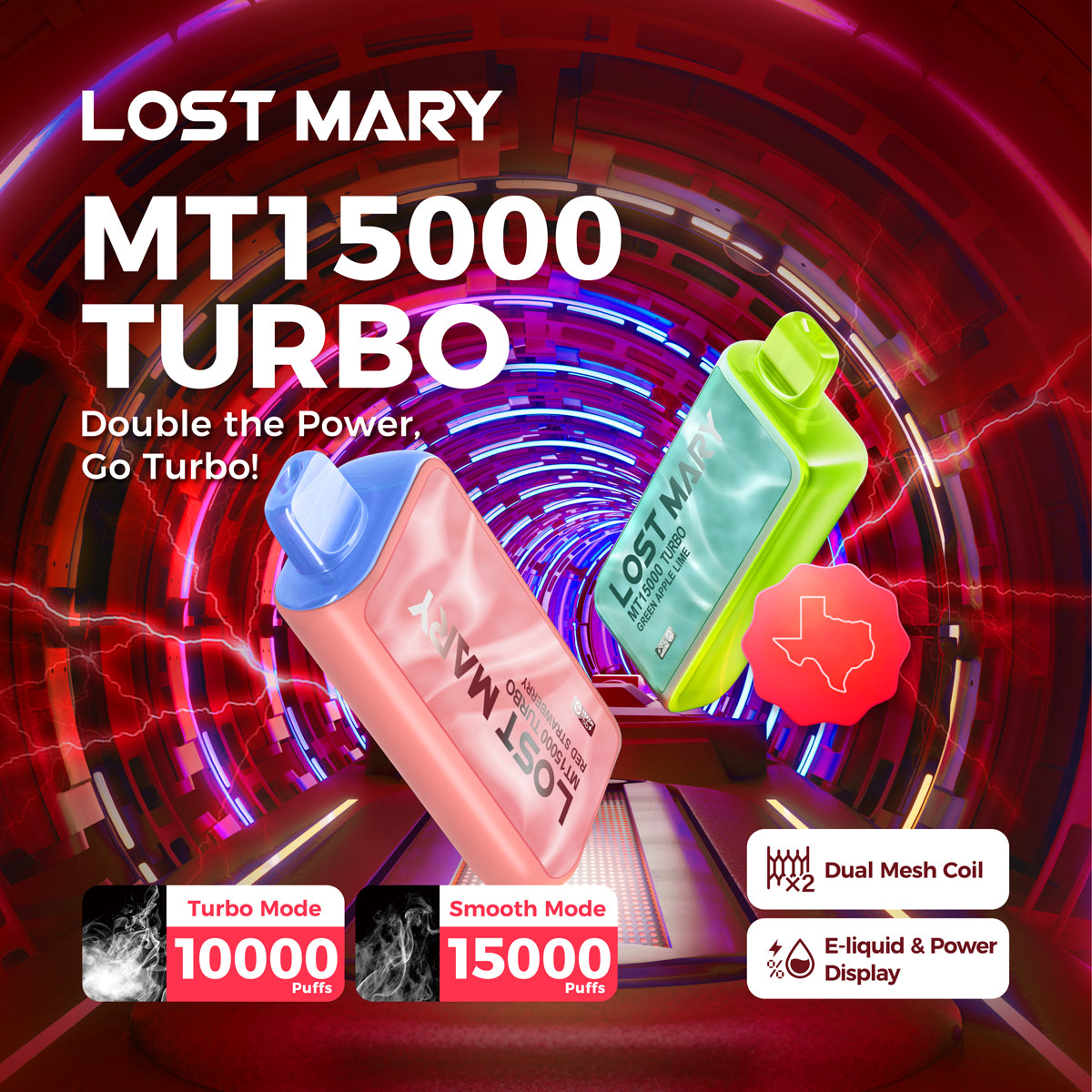 Lost Mary MT15K Turbo Disposable with 15,000 puff capacity, digital display, and dual mesh coils – Texas compliant portable nicotine device