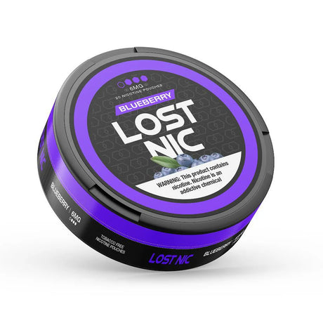 LOST NIC Blueberry Nicotine Pouches 20-count featuring sweet and tangy blueberry flavor for a clean, portable nicotine experience.