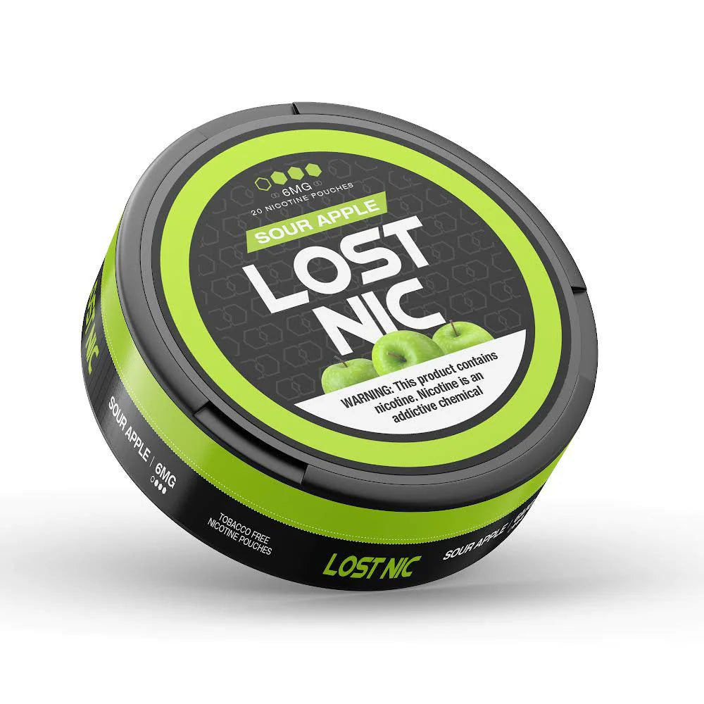 LOST NIC Sour Apple Nicotine Pouches 20-count with tangy sour apple flavor for smoke-free, spit-free enjoyment.