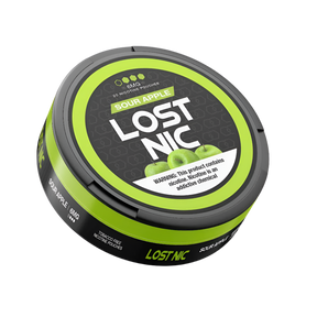 LOST NIC Sour Apple Nicotine Pouches 20-count with tangy sour apple flavor for smoke-free, spit-free enjoyment.