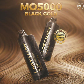 Lost Mary MO5000 Black Gold Edition Disposable Device featuring 5000 puffs, 13.5mL capacity, 1.2ohm mesh coil, and rechargeable 500mAh battery with USB-C.