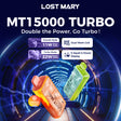 Lost Mary MT15000 Turbo Disposable Device with 15,000 puffs, 16mL e-liquid, and dual mesh coils.