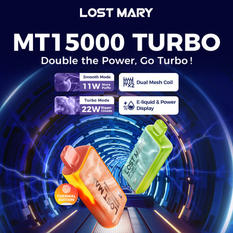 Lost Mary MT15000 Turbo Disposable Device with 15,000 puffs, 16mL e-liquid, and dual mesh coils.