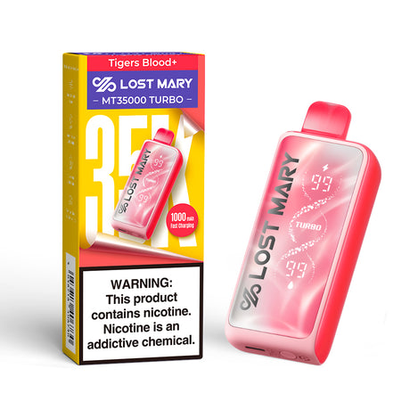 Lost Mary MT35K MT35000 Disposable in Tigers Blood+ flavor – exotic watermelon, coconut, and strawberry blend with ultra-smooth hits and high puff count.