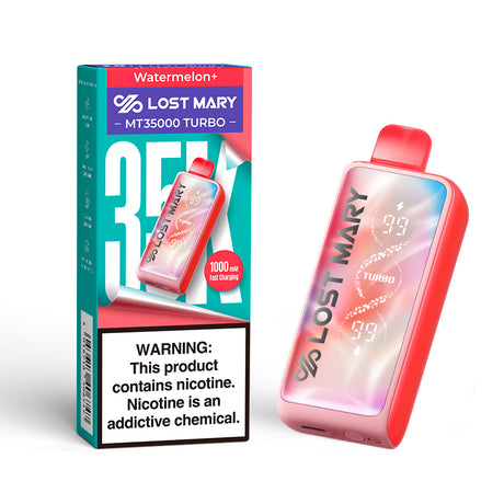 Lost Mary MT35K MT35000 Disposable in Watermelon+ flavor – crisp and refreshing watermelon flavor with smooth performance and extended usage.