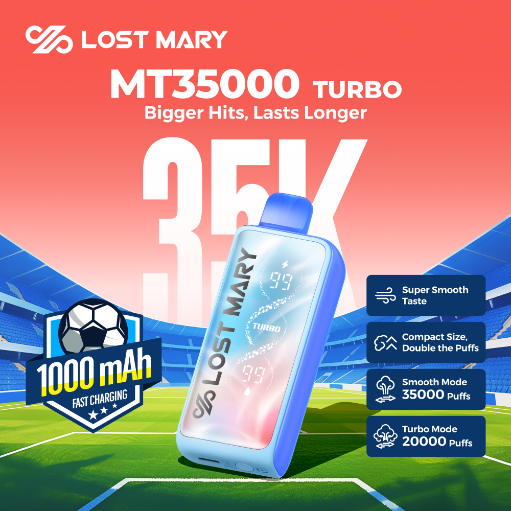 Lost Mary MT35K Turbo Soccer Edition disposable device with Smart Display, 35,000 puff capacity, rechargeable battery, and USB-C charging.