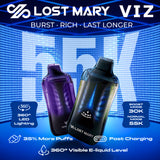 Lost Mary VIZ 55K Disposable Device with 360° transparent tank, LED lighting effects, and dual mesh coils
