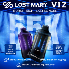 Lost Mary VIZ 55K Disposable Device with 360° transparent tank, LED lighting effects, and dual mesh coils