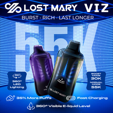 Lost Mary VIZ 55K Disposable Device with 360° transparent tank, LED lighting effects, and dual mesh coils