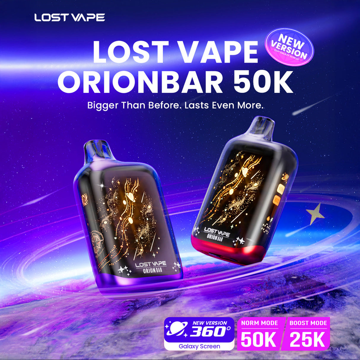Lost OrionBar 50K V2 – 50,000 Puff Rechargeable Disposable with Galaxy Display and Dual Mesh Coils