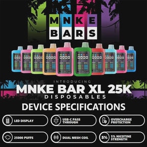 MNKE Bars XL 25K Disposable Device with LED display and dual mesh coil system – 25,000 puff capacity