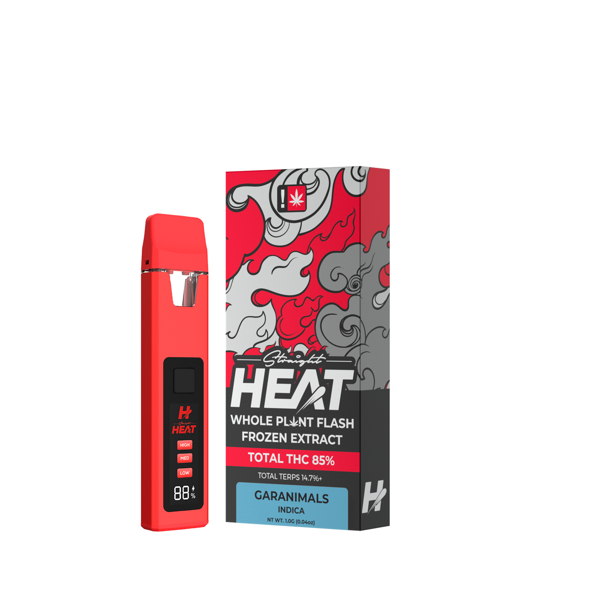 MODUS Straight Heat Garanimals THC Disposable—indica strain with smooth vanilla, sweet earthiness, and calming effects, featuring 85% THC