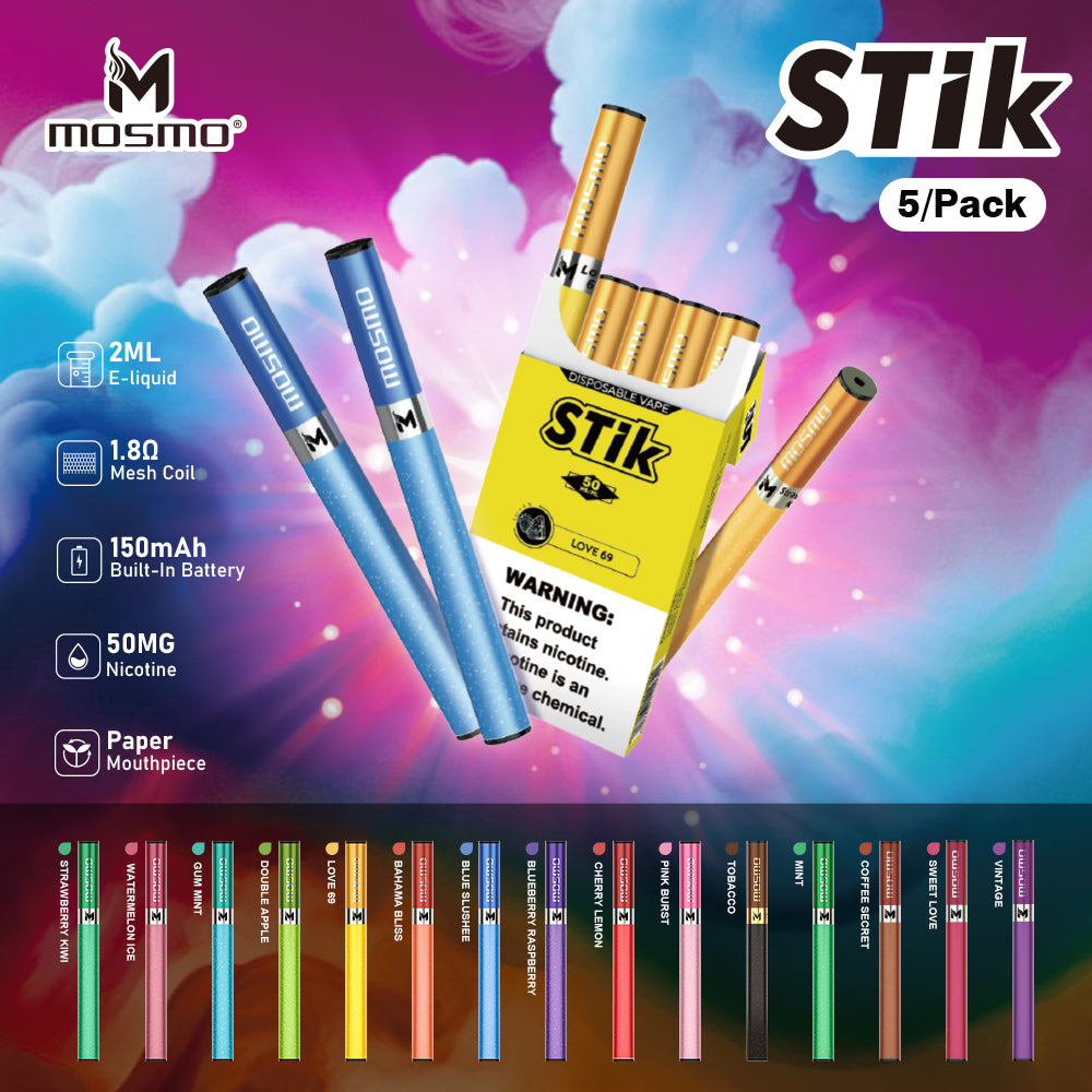 MOSMO STiK Disposable E-Cig 5-Pack - Paper Mouthpiece & 300 Puffs