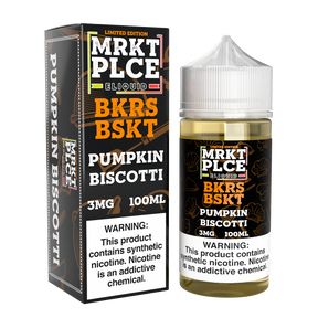 MRKTPLCE BKRS BSKT Pumpkin Biscotti 100mL e-liquid with dessert flavors of biscotti, pumpkin frosting, and cream.