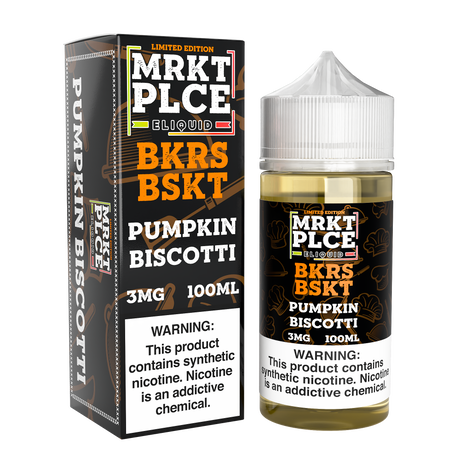 MRKTPLCE BKRS BSKT Pumpkin Biscotti 100mL e-liquid with dessert flavors of biscotti, pumpkin frosting, and cream.