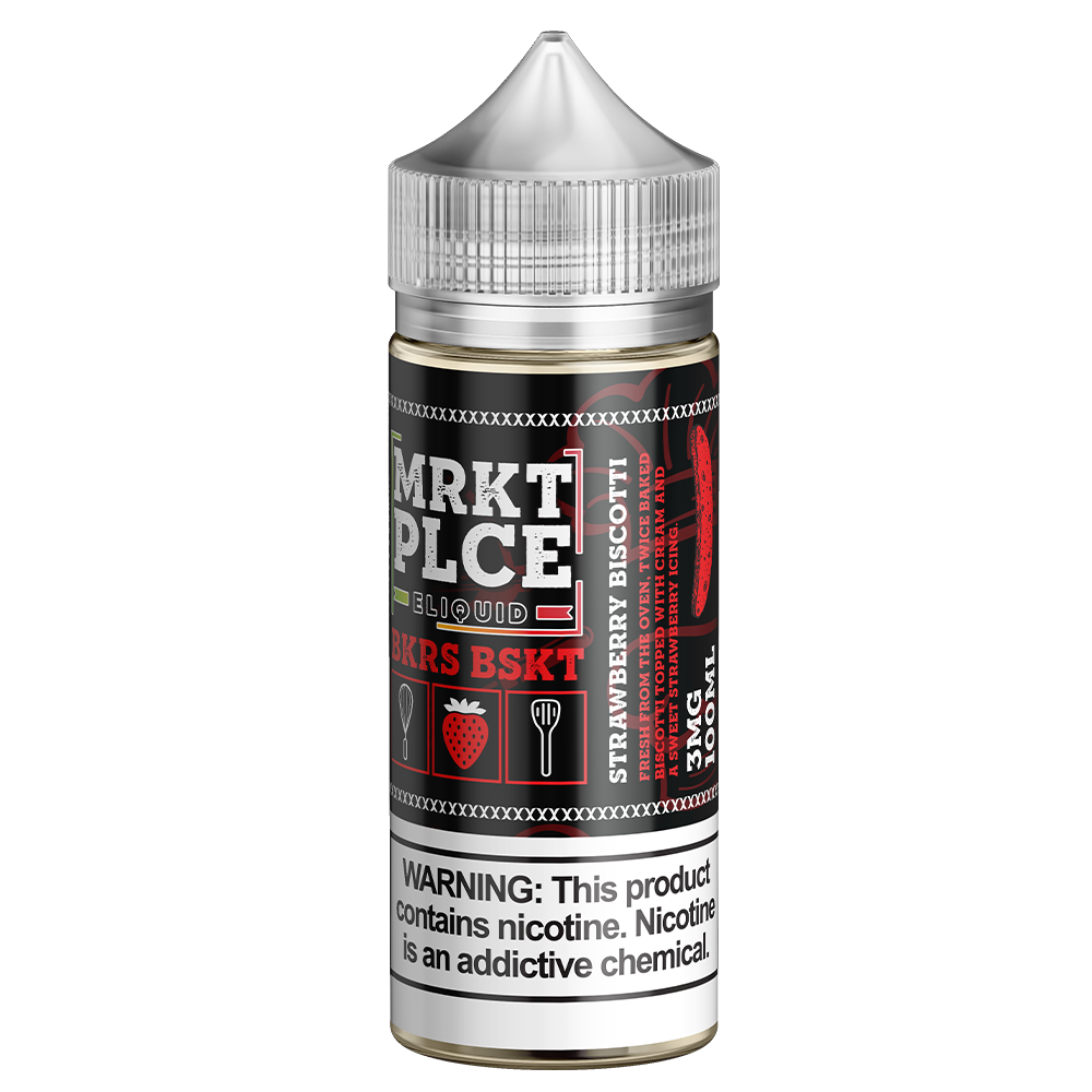 MRKTPLCE BKRS BSKT Strawberry Biscotti 100mL E-Liquid bottle featuring dessert-inspired flavors of biscotti and strawberry frosting.