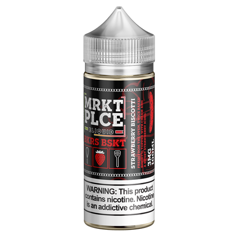 MRKTPLCE BKRS BSKT Strawberry Biscotti 100mL E-Liquid bottle featuring dessert-inspired flavors of biscotti and strawberry frosting.