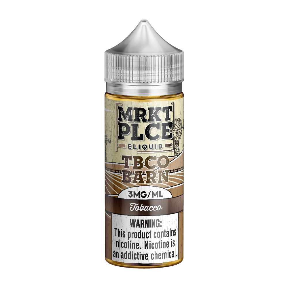 MRKTPLCE TBCO BARN Tobacco 100mL bottle featuring savory and sweet traditional western-style tobacco flavor.